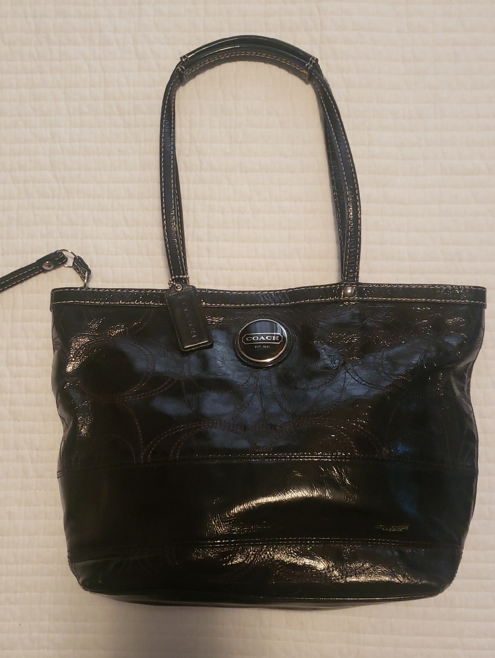 Coach Black Patent Leather Tote with Signature Medallion